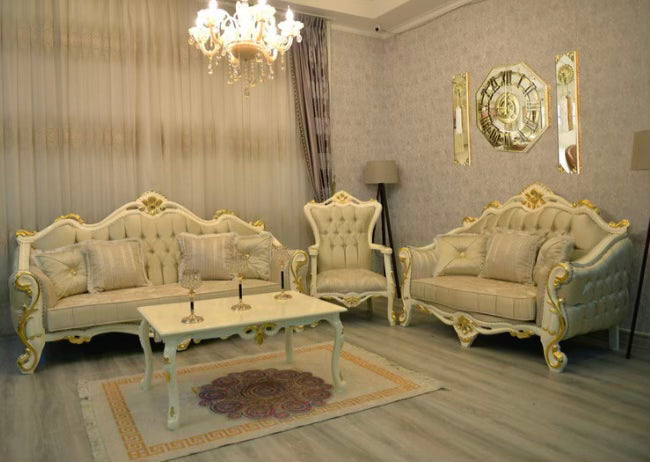 FD208 White & Gold Solid Wood Living Room Set